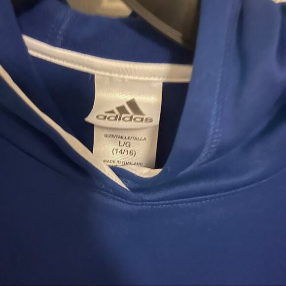 Adidas Youth Boys Large blue hoodie Pullover stripe shoulder Sweatshirt - Picture 3 of 6
